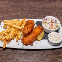 Fish and Chips · Beer battered cod strips served with choice of fries or tater tots.