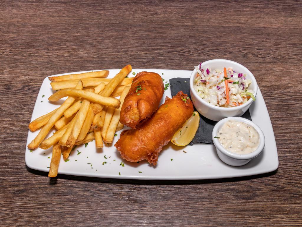 Fish and Chips · Beer battered cod strips served with choice of fries or tater tots.