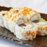 Utah Roll · Crab salad, avocado and tuna rolled in tobiko.