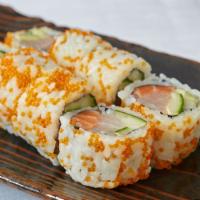 Wasatch Roll · Salmon, yellowtail and cucumbers topped with tobiko and spicy Sumo sauce.