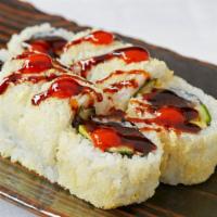 Firecracker Roll · Tuna, avocado, cucumbers and Sumo sauce rolled in tempura crunchies topped with Sriracha and...