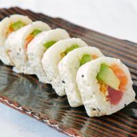 Rainbow Crunch Roll · Tuna, salmon, avocado, red onion, tempura crunchies and Sumo sauce in soy paper with honey g...