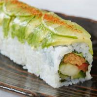 Frida Roll · Inari, red pepper, cucumber, green jalapeno and cilantro topped with avocado, lime, togarash...