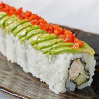 Sweetheart Roll · Crab salad, cucumber and lime topped with avocado, honey, togarashi and red jalapeno.