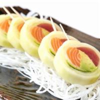 Sunomono Roll · Tuna, salmon and avocado wrapped in thinly sliced cucumber topped with ponzu sauce.