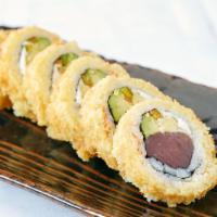 Panko Popper Roll · Spicy tuna, jalapeno, avocado, lemon and cream cheese panko crusted and served with sweet ch...
