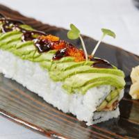 Caterpillar Roll · Unagi and cucumber topped with avocado, tobiko, sweet sauce and sesame seeds.