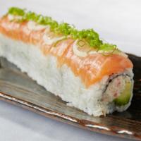 Sunset Roll · Crab salad and avocado topped with salmon sashimi, lemon, ponzu sauce and green onions
