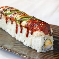 Mia Roll · Tempura shrimp, cucumber and Sumo sauce topped with crab salad, freshwater eel, avocado and ...
