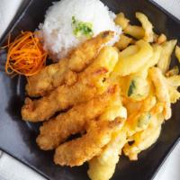 Seafood Tempura Dinner · Tempura dipped halibut and panko crusted tiger prawns served with sweet pepper teriyaki dipp...