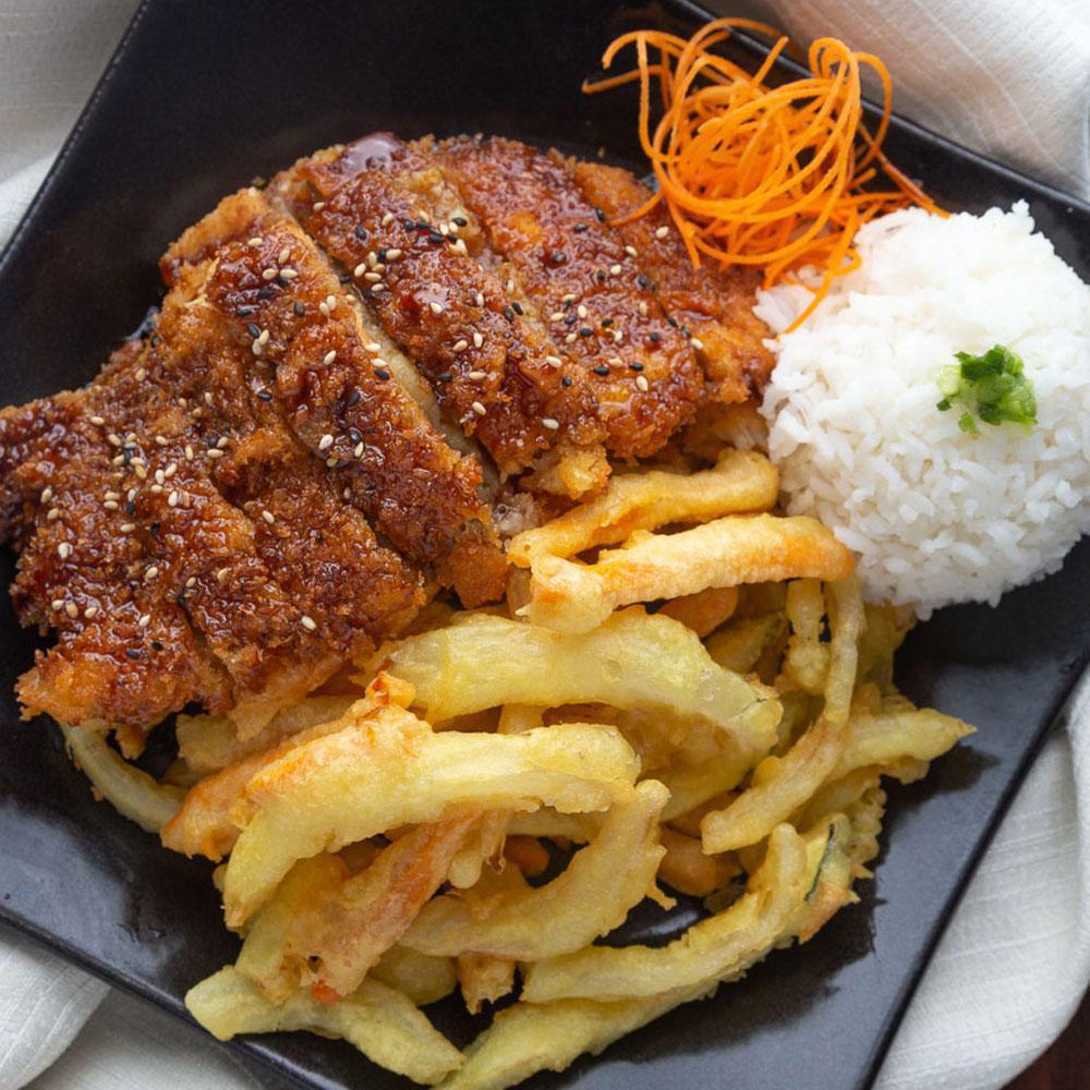 Fuji Chicken · Panko crusted tender white chicken breast finished with our house green apple teriyaki sauce and served with steamed rice and your choice of stir-fried or tempura veggies.