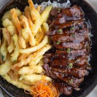 Teriyaki Beef Bowl · Grade A beef strips and our delicious teriyaki sauce served with tempura vegetables and stea...