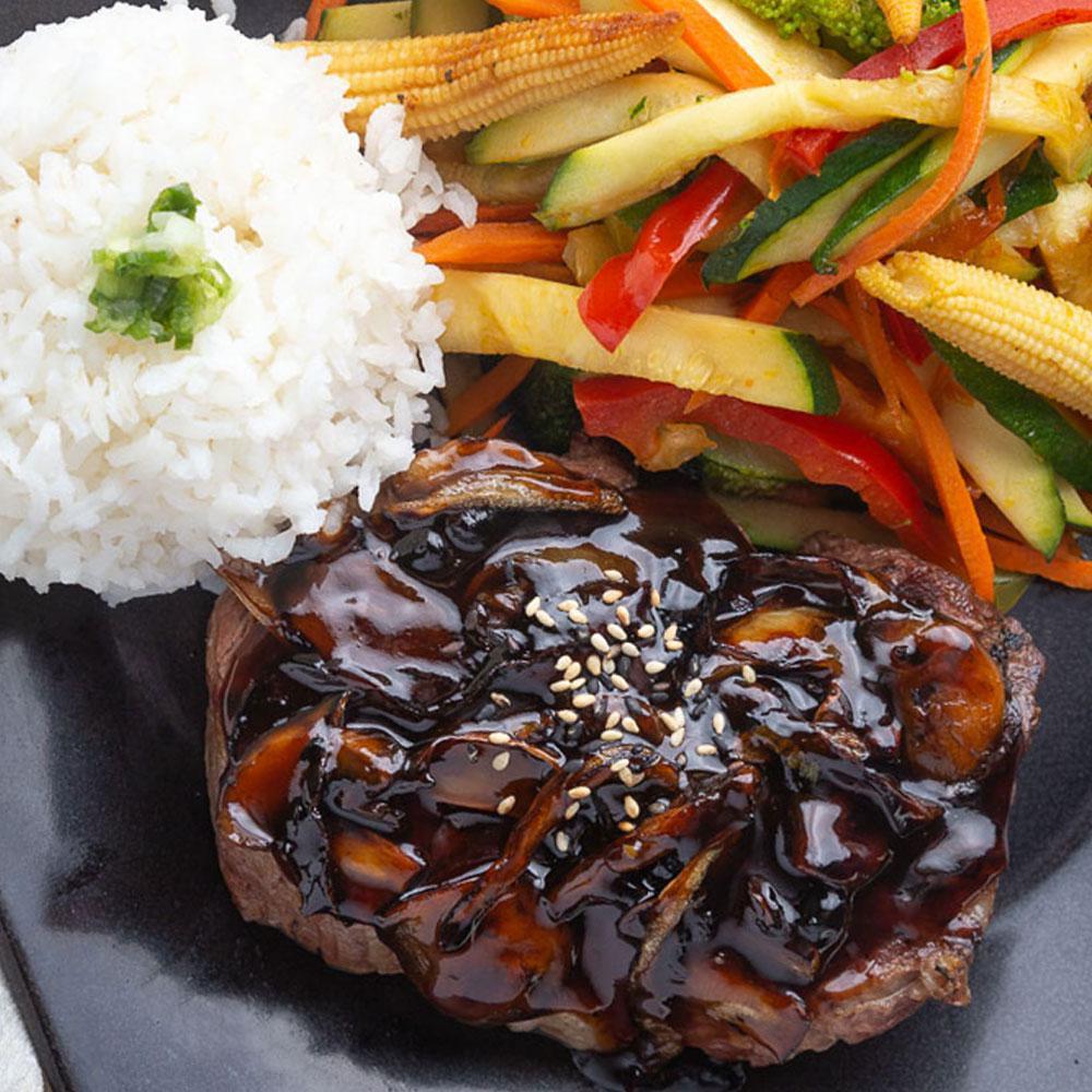 Grilled Tenderloin · 8 oz. certified Angus beef tenderloin topped with mushrooms, onions and teriyaki sauce served with steamed rice and stir-fried or tempura veggies.