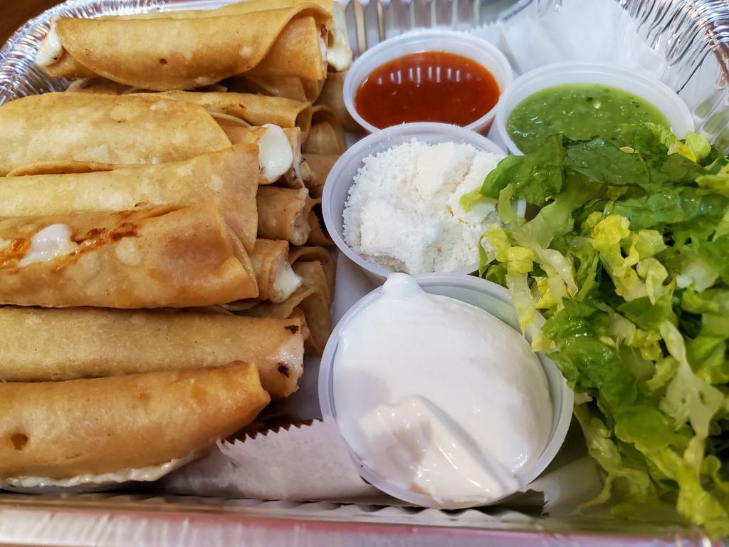 20 cheese taquitos fritos · 20 Fried rolled tortilla stuffed with cheese. crema Mexicana, cotija cheese, home-made hot souce and lettuce on the side.
