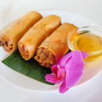 Vegan Spring Rolls · Crispy vegetable spring rolls stuffed with mixed greens, glass noodle, served with plum sauc...