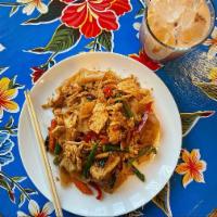 Drunken Noodle · Broad Noodles, Egg, Chili, Onion, Bell peppers, Carrots, Bamboo Shoots, and Basil leaves. Sp...