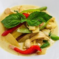 Green Curry  · Authentic Thai Style Green Curry with eggplant, bamboo shoots, string beans, bell peppers & ...