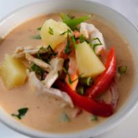 Panang Curry · Red Creamy Thai Chili Paste with String beans, bell peppers, carrots & pineapples with cocon...
