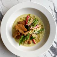 Vegan Green Curry  · Authentic Thai Style Green Curry in Vegan option with eggplant, bamboo shoots, string beans,...