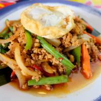 Basil Ground Chicken Kapow with Fried Egg · Ground Chicken, Fresh Basil, Onions, Red Bell peppers in Chili and garlic basil sauce with c...