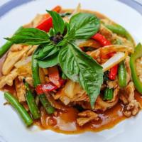 Vegan Pad Kra Pow · Basil, Thai Chili, String beans, Onions, Bell peppers and basil sauce. Served with Rice. Spicy