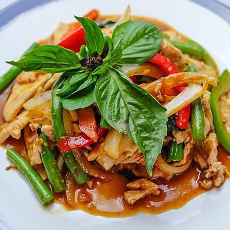Vegan Pad Kra Pow · Basil, Thai Chili, String beans, Onions, Bell peppers and basil sauce. Served with Rice. Spicy