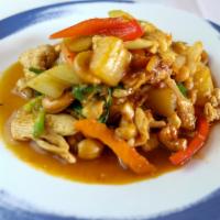 Vegan Pad Cashew Nut · Sautéed batter fried tofu or vegetable, Pineapple, cashew nut, bell peppers, scallions and c...