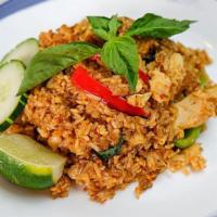 Vegan Spicy Basil Fried Rice · Thai Basil leaves, onions, bell peppers, carrots, string beans and chili, mixed with rice