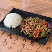Hot and Spicy Beef · With white rice.