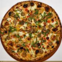 Smokin’  Specialty Pizza · Smoked fresh sliced mozzarella, roasted red pepper cream sauce, brick oven roasted mixed pep...