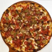 Meat Your Specialty Pizza · Pepperoni, sausage, bacon, and meatballs on top of fresh sliced mozzarella, our famous plum ...