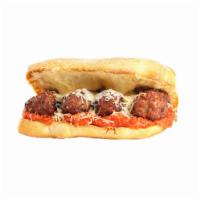 Meatball Parm  Sandwich  · Sandwich with seasoned meat that has been rolled into a ball topped with tomato sauce and ch...