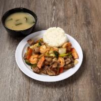 Shrimp and Steak Hibachi · Served with soup or salad and a side of rice.