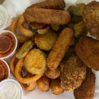Appetizers Platter · Mozzarella sticks, fried zucchini, onion rings, fried mushrooms, okra and stuffed jalapenos ...
