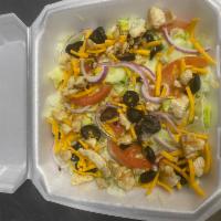 Chicken Chef Salad · Grilled chicken, lettuce, tomatoes, cucumbers, red onions, black olives and cheddar cheese.