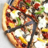 Veggie Pizza · Fresh tomatoes, mozzarella, onions, green peppers, black olives and mushrooms.