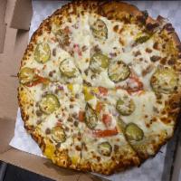 cheeseburger pizza · beef, mustard , tomato, red onion, pickle, &mozzarella 