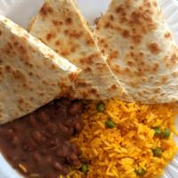 Chicken Quesadillas with Rice and Beans · Chicken Quesadillas accompanied by Mexican rice with refried pinto beans.
