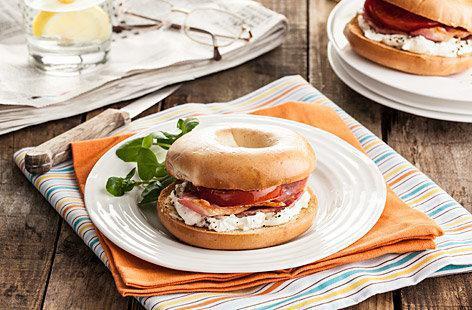 Cream cheese with bacon on bagel · cream cheese and bacon