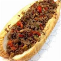 Philly Cheese Steak Hero · Steak, Onion, Red and Green pepper, American cheese on a hero