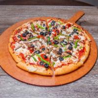 Supreme Max Specialty Pizza · Pepperoni, ham, beef pork sausage, black olives, mushrooms, onions, and green peppers and mo...