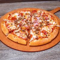 Meaty Max Specialty Pizza · Pepperoni, Italian sausage, bacon, ham, and mozzarella and cheddar cheese.