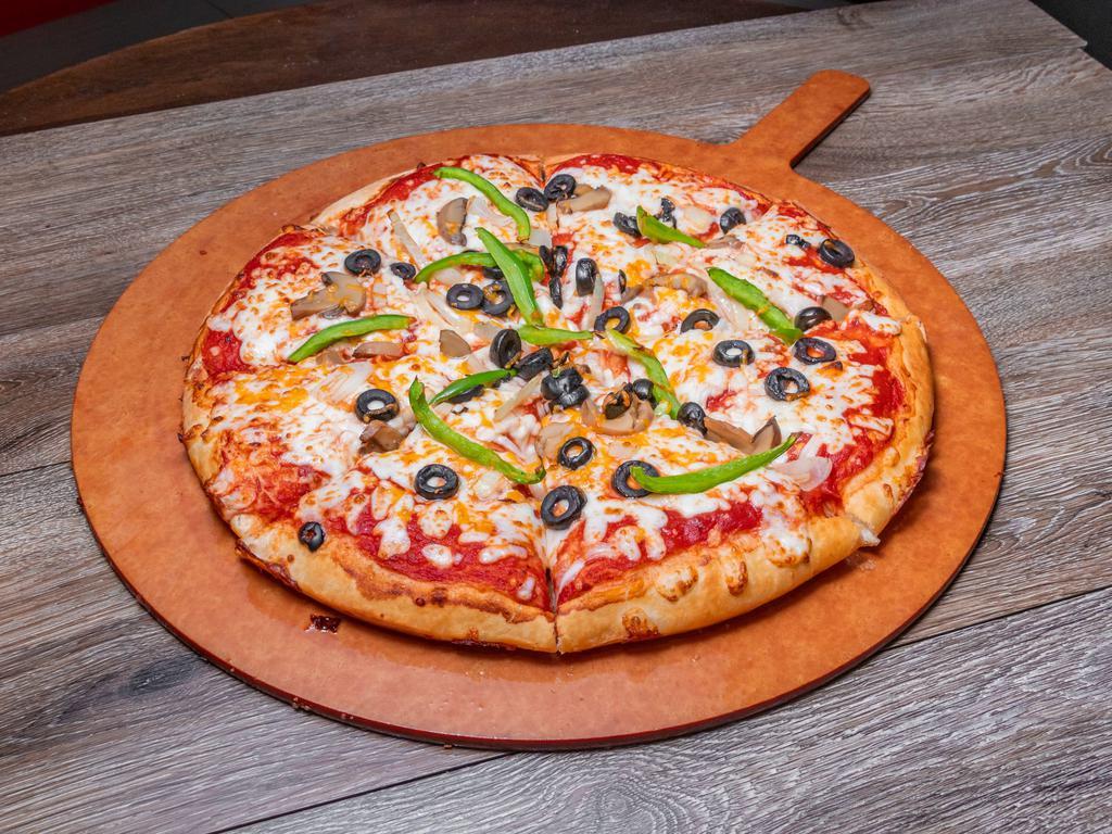 Veggie Max Specialty Pizza · Black olives, mushrooms, onions, green peppers, and fresh tomatoes, and mozzarella cheese. 
