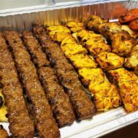 Platter for 6 to 8 · Includes: 2 chicken kabob, 1 shish kabob, 1 barg kabob, 3 beef koobideh, 2 chicken koobideh,...