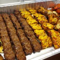 Platter for 8 to 10 · Includes: 2 chicken kabob, 2 shish kabob, 2 barg kabob, 3 beef koobideh, 2 chicken koobideh,...