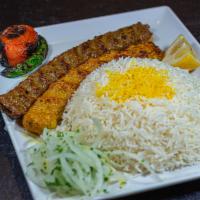 Koobideh Combo (Ground Beef and Chicken)  · One skewer of ground beef and one skewer of ground chicken koobideh charbroiled over open fi...