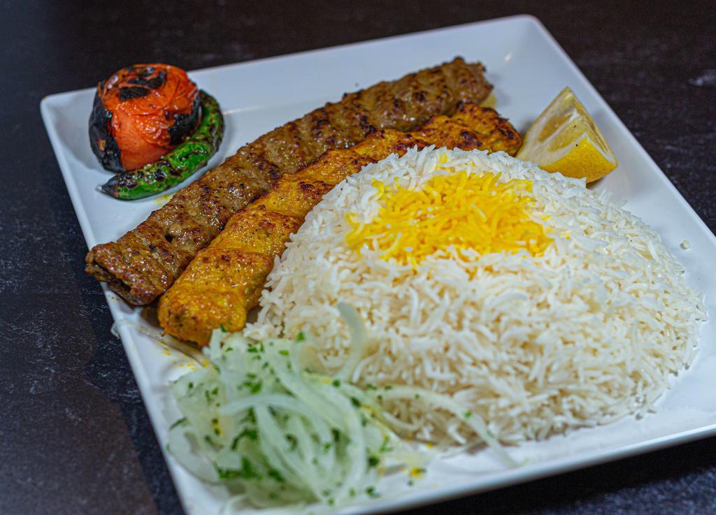 Koobideh Combo (Ground Beef and Chicken)  · One skewer of ground beef and one skewer of ground chicken koobideh charbroiled over open fire and served with Basmati rice with a side of grilled tomato