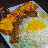 Chicken Kabob Soltani (Chef's Signature Dish)  · Skewer of ground beef and marinated chunks of boneless skinless chicken, skewered and charbr...