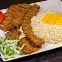 Soltani (Persians Love This) · One skewer of ground beef and one thin slice of our fillet mignon marinated in special sauce...