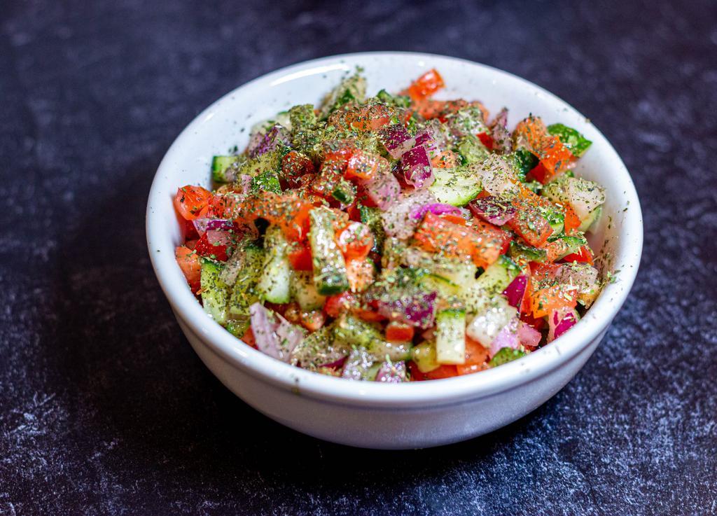 Shirazi Salad (Most Traditional)  · A traditional Persian salad consisting of cucumbers, onions and tomato tossed in dried mints and dressed with a lemon based homemade dressing